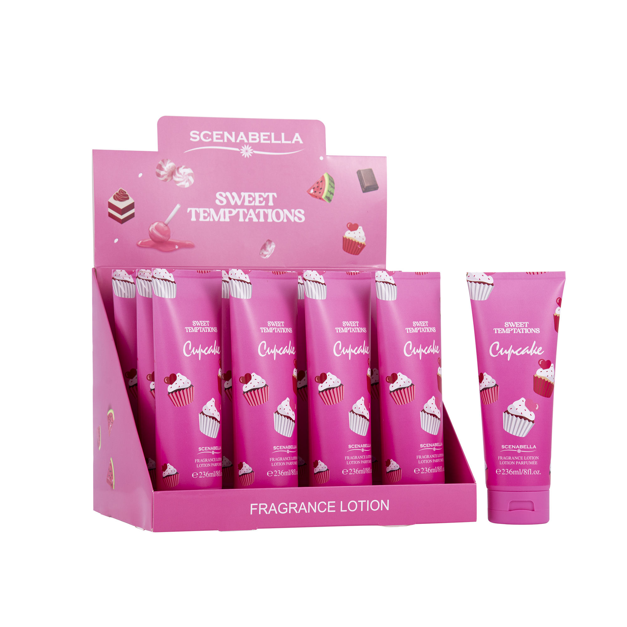 236ML Body Lotion With PDQ SCENABELLA Sweet Temptation Cupcake SC1704 Long Lasting Hydrating Skin Care Product in PDQ OEM/ODM
