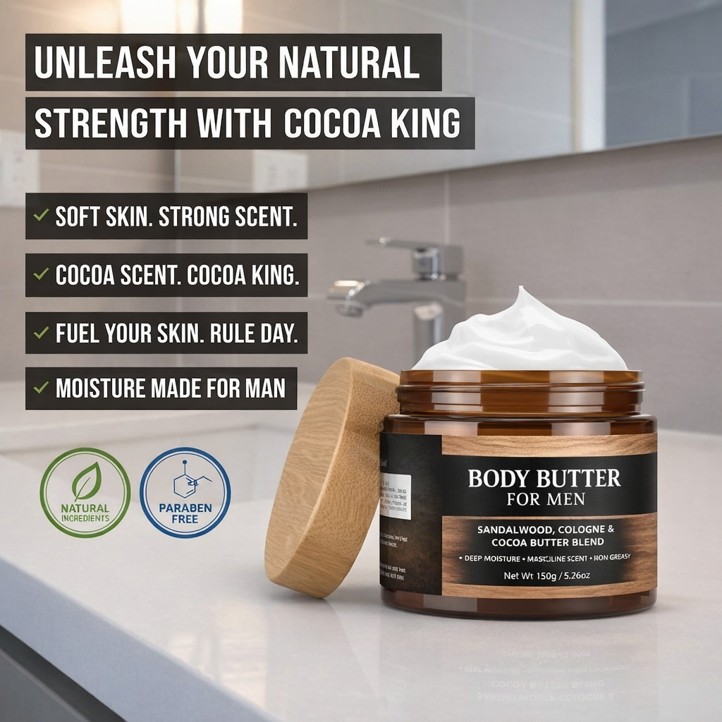 Cocoa Mens Body Butter 5.26oz | Cocoa Butter Body Cream With Masculine Cologne Fragrance | Private Label &amp; Wholesale