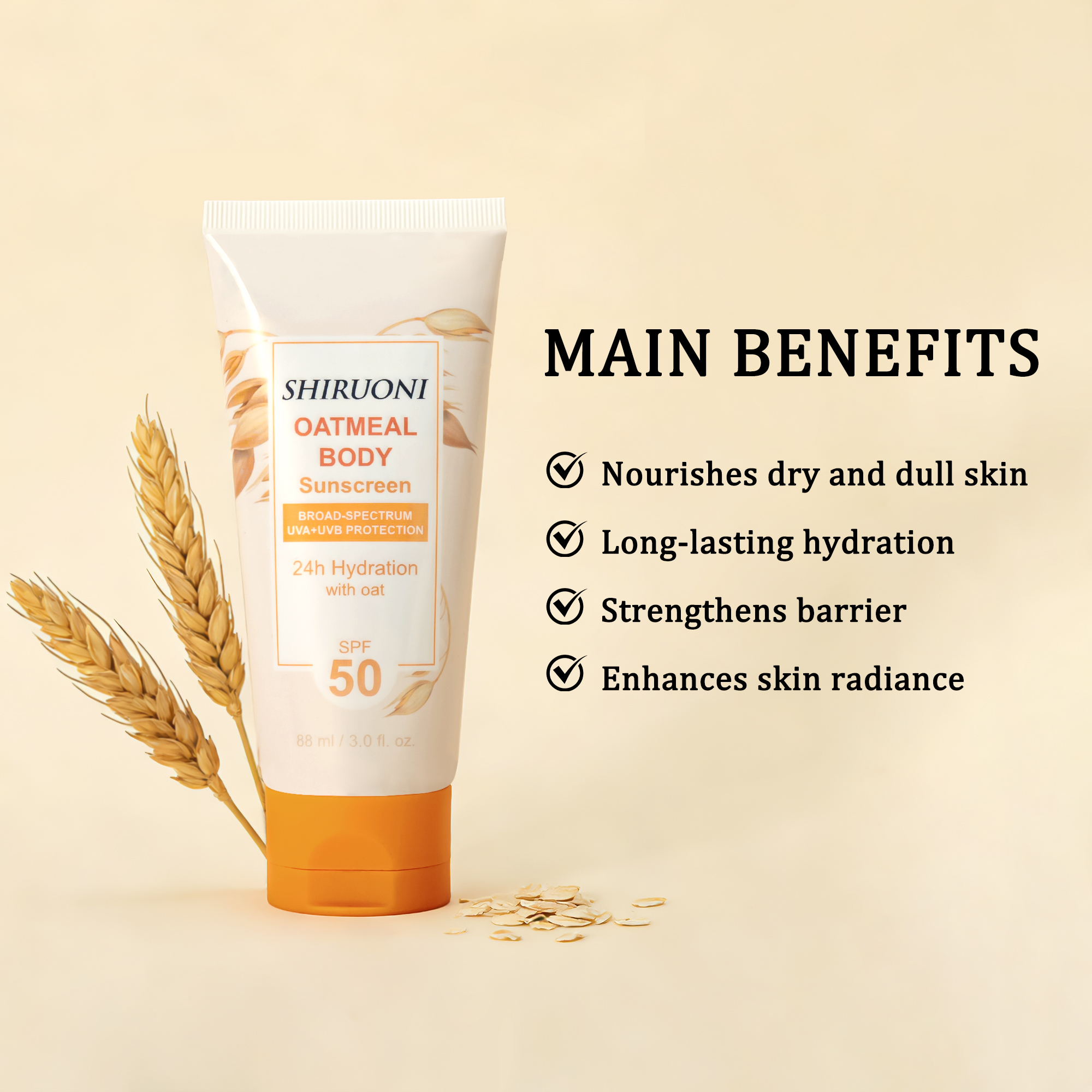 OEM ODM Lightweight Water Resistant 80 Mins SPF 50 High UV Protection Oatmeal Body Sunscreen Lotion Long Lasting Moisturizing