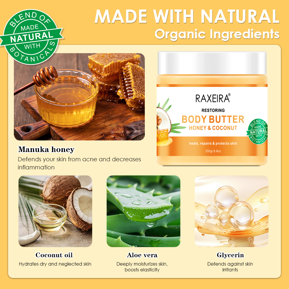 Hot Sale High Quality Honey &amp; Coconut Body Lotion Cream Skin Care Moisturizer Dry Skin Private Label Whipped Body Butter Vegan