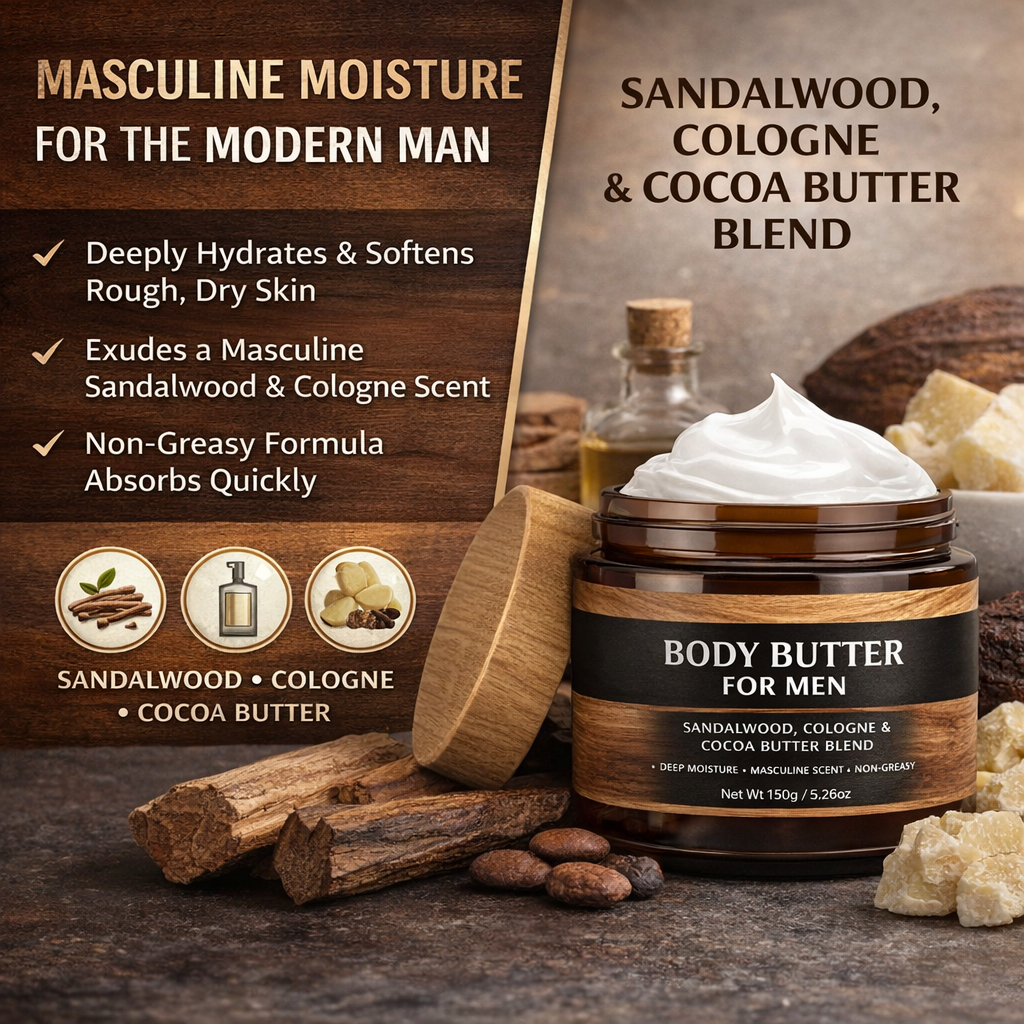 Cocoa Mens Body Butter 5.26oz | Cocoa Butter Body Cream With Masculine Cologne Fragrance | Private Label &amp; Wholesale