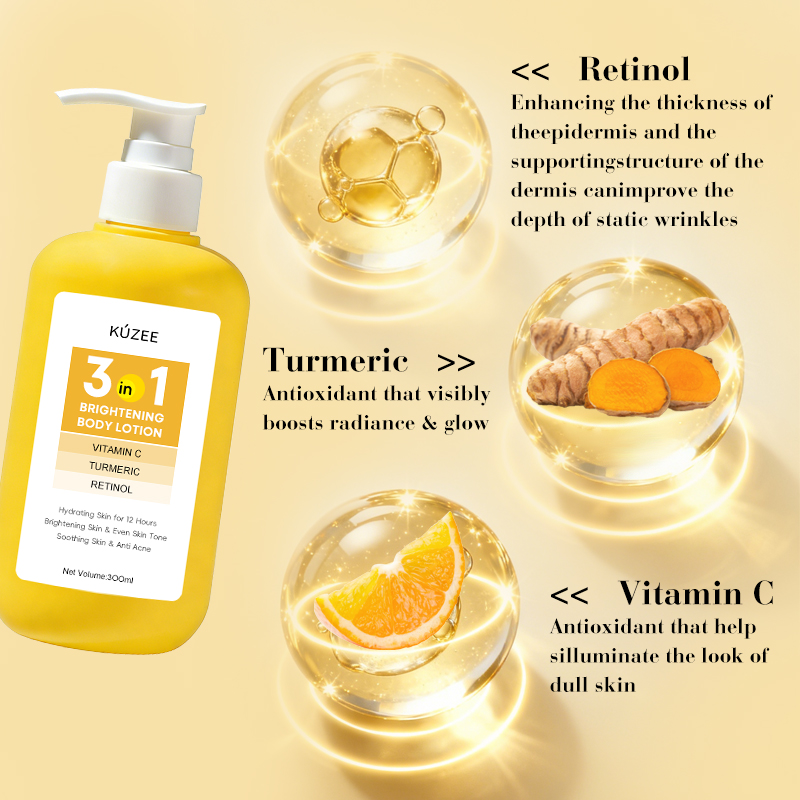 Organic Brightening Soothing Moisturizing Anti-Acne Turmeric Vitamin C Retinol Whitening Body Lotion 300ml for Women