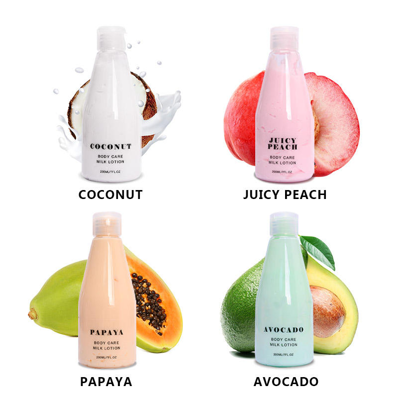 Private Label Organic Skin Care Milk Body Lotion 200ml Fruit Extracts-Whitening Formula Using Coconut Papaya Aloe Vera Apple
