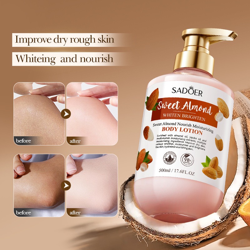SADOER 500ml Body Lotion Cream Care Moisturizing Aroma Natural Sweet Almond Body Lotion With Fragrance Whitening Face Body Cream