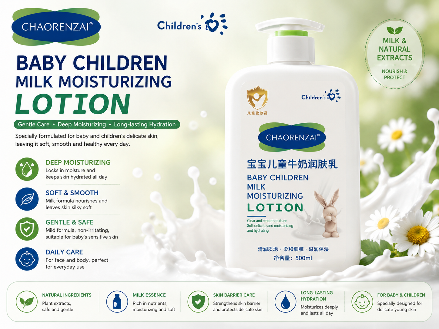 Children's Body Milk Moisturizing Nourishing Lotion Natural Formula Mild Plant Extract Eco-Friendly 500mL Factory Wholesale