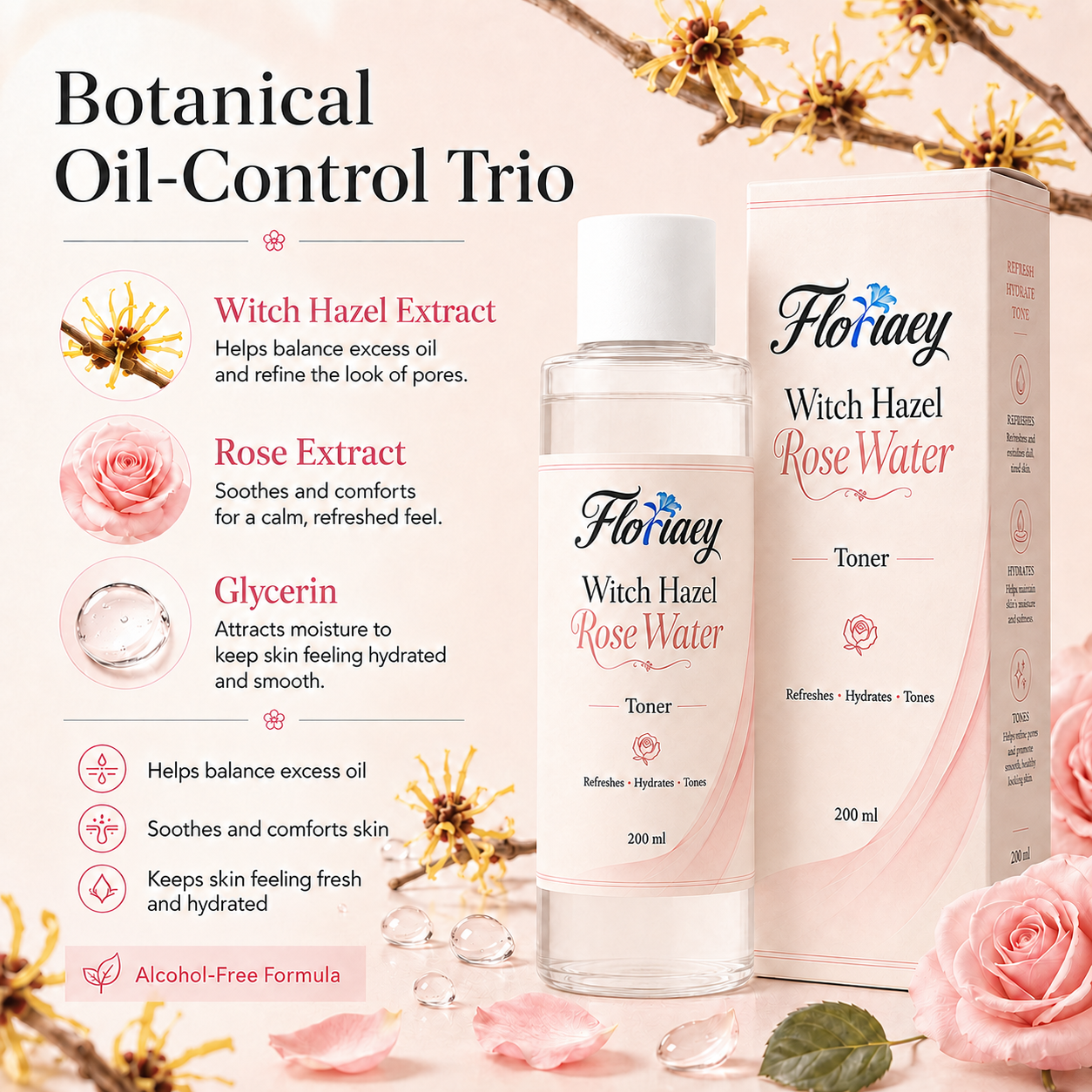 OEM Witch Hazel Rose Lotion with Oil Control &amp; Pore Refining Soothing Redness &amp; Post-Sun Care for All Skin Types &amp; Body Use