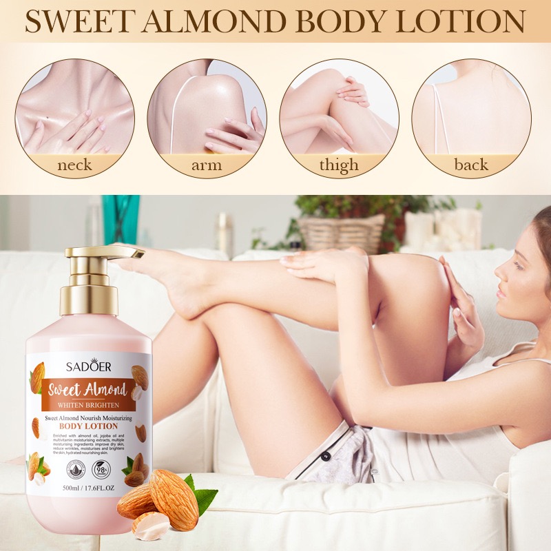 SADOER 500ml Body Lotion Cream Care Moisturizing Aroma Natural Sweet Almond Body Lotion With Fragrance Whitening Face Body Cream