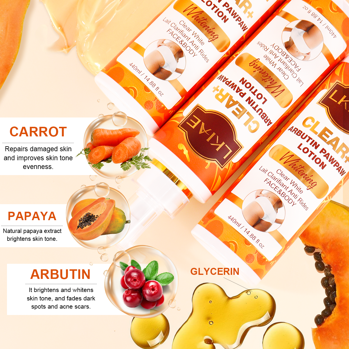 Custom Logo Papaya Arbutin Whitening Body Lotion Radiant Glow Brightening Milk for Retailers Free Branding Design Service