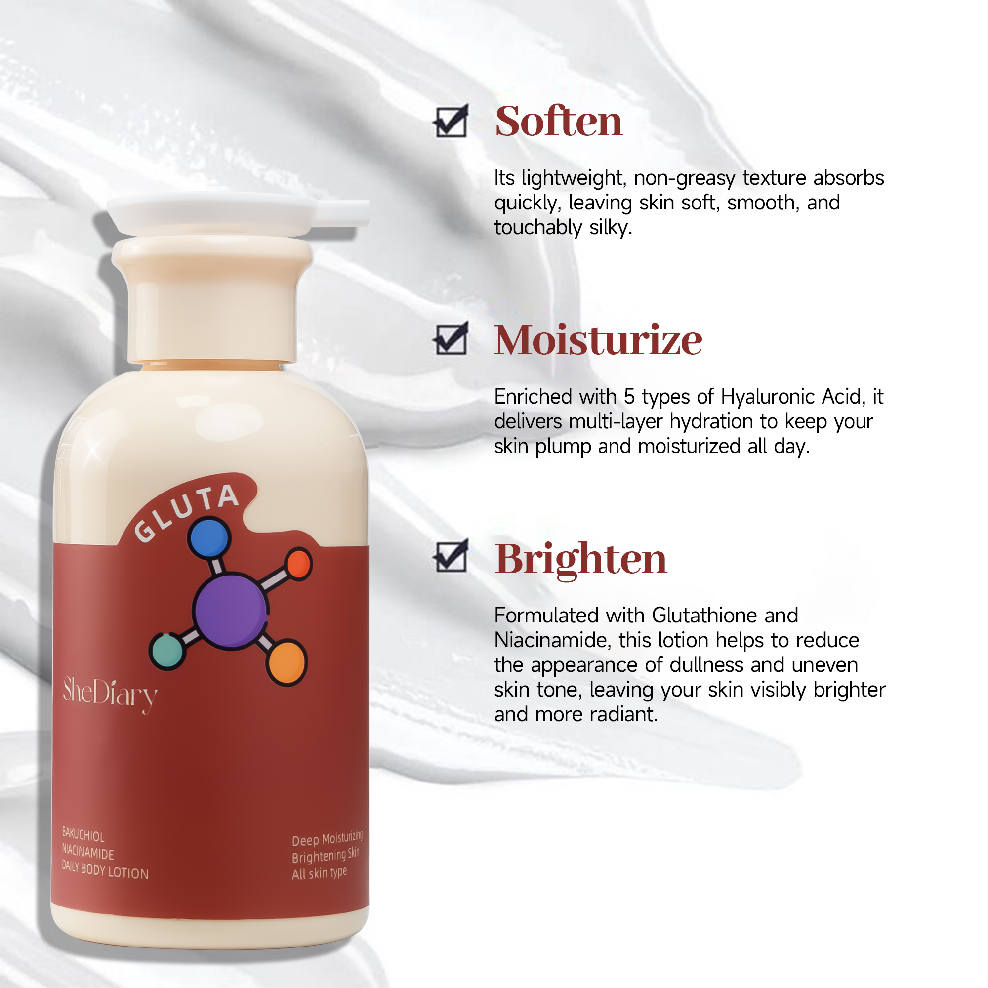 Shediary OEM Anti-Wrinkle Body Lotion Cream Moisturizer ODM Skincare Private Label Glutathione Niacinamide Brightening All Skin
