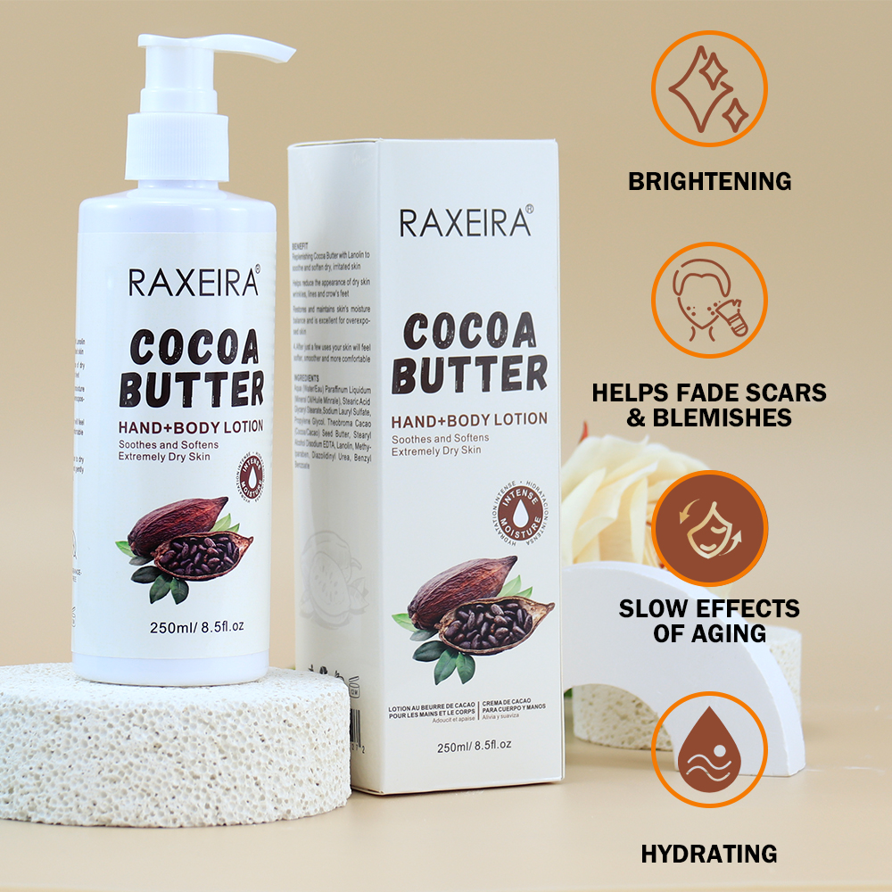 OEM Vegan 250ml Cocoa Butter Hand Body Lotion Private Label Natural Moisturizing Smoothing Whitening Body Lotion for Black Skin