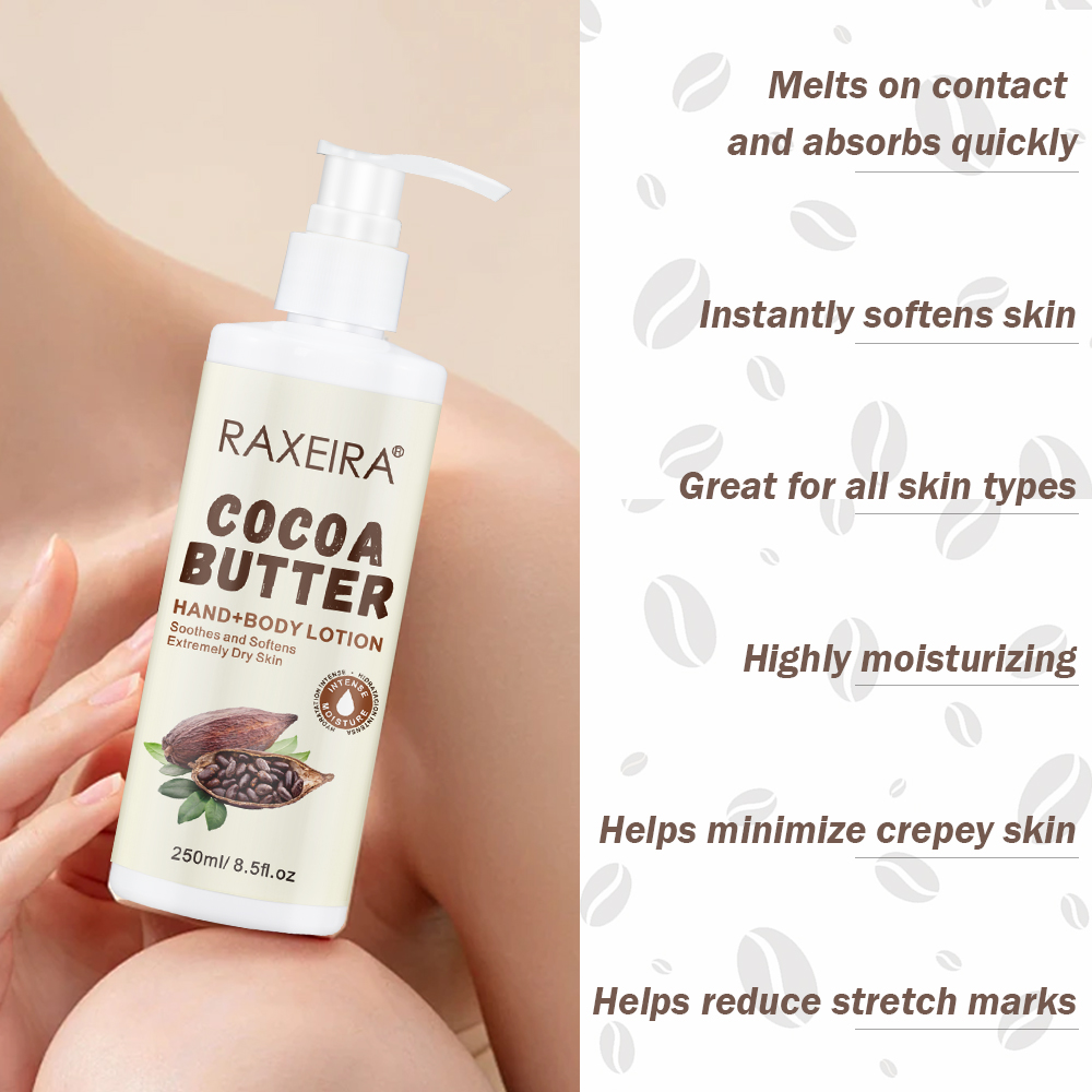 OEM Vegan 250ml Cocoa Butter Hand Body Lotion Private Label Natural Moisturizing Smoothing Whitening Body Lotion for Black Skin