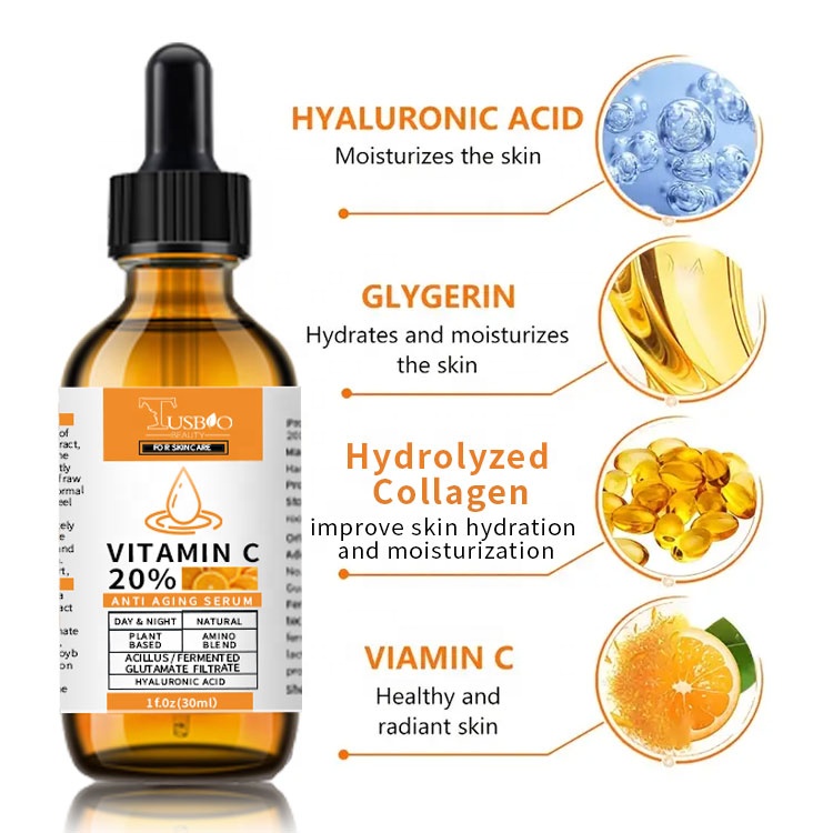 Tusbiobeauty Lady Skincare Private Label Natural Vitamin C Facial Serum Brightening, Wrinkle Smoothing &amp; Deep Hydration Organic