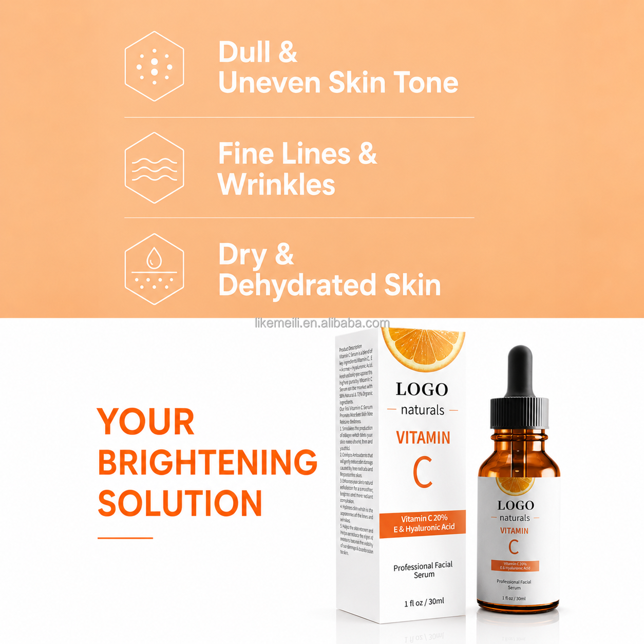 Private Label Natural Anti Aging Whitening Dark Spot Nourishing Moisturizing Custom Logo Korean Skin Care Face Vitamin C Serum
