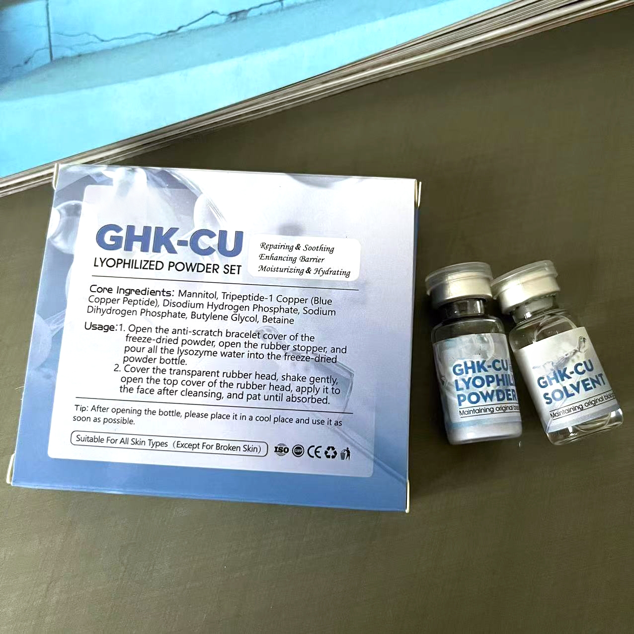Private Label Custom Logo De-wrinkle Face Firming Blue Copper Peptide Face Serum Ghk-cu Copper Peptide Repair Powder D