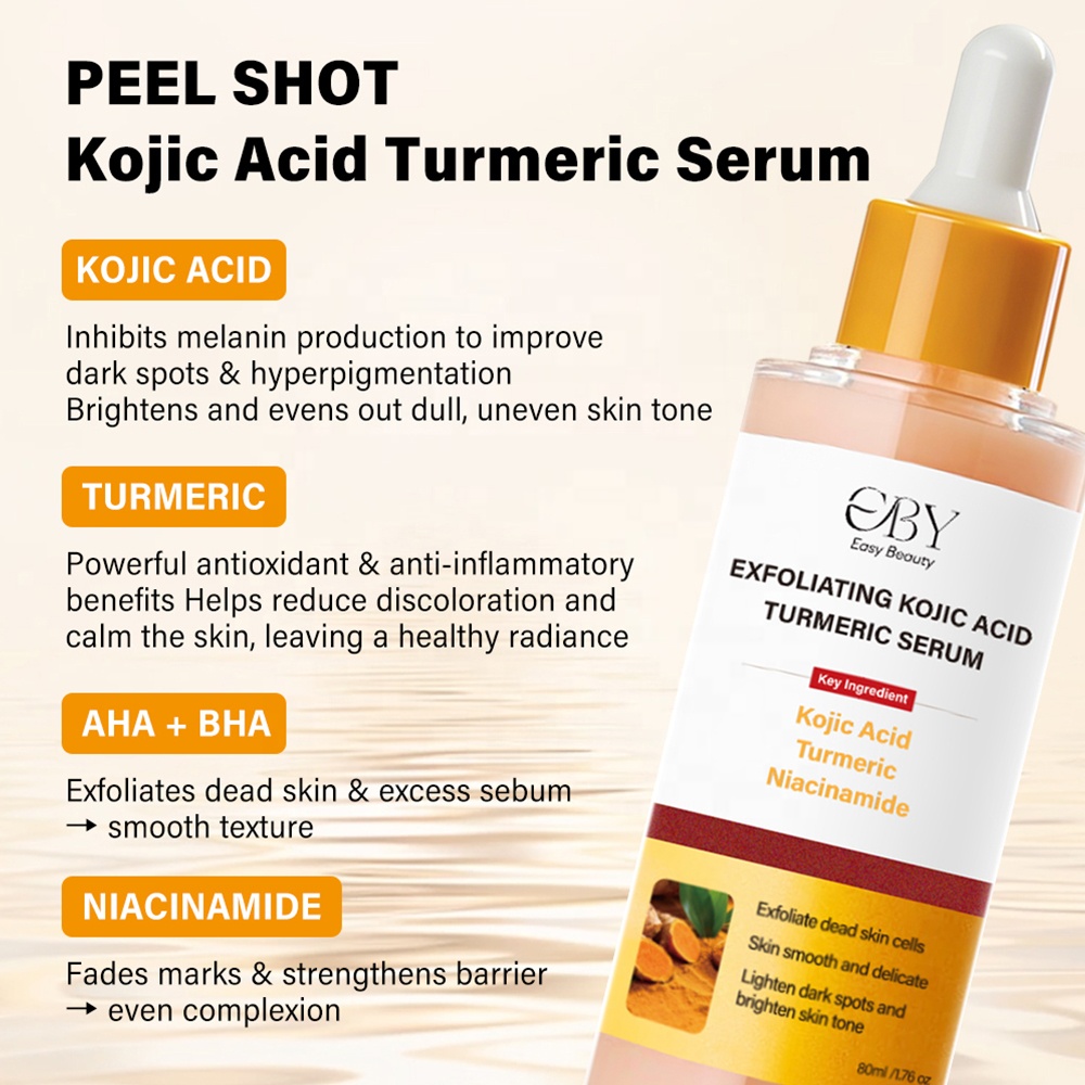 Kojic Acid Turmeric Peel Shot Serum 80ml Korean Exfoliating Facial Serum for Dark Spot Care Gently Removes Dead Skin Brightens