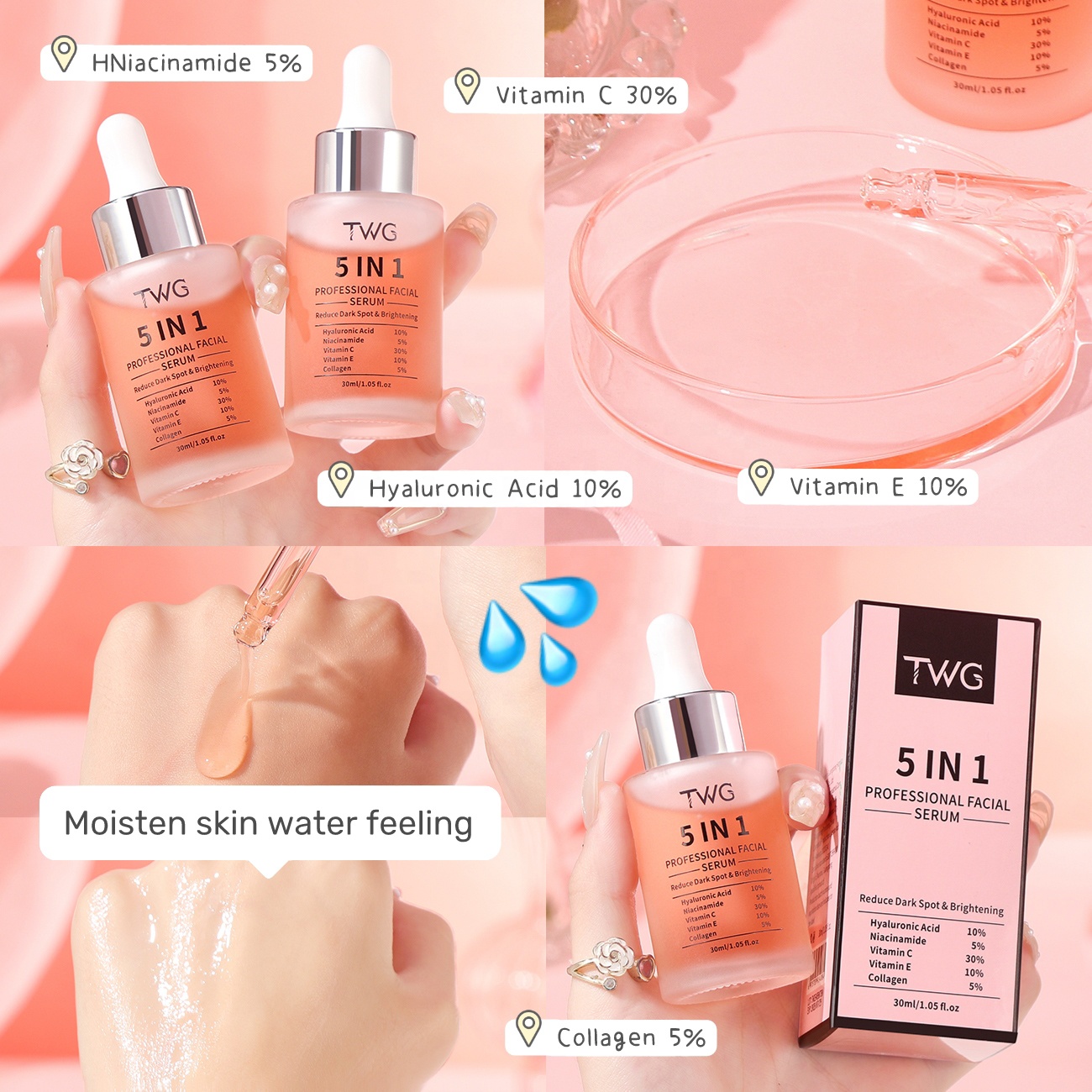TWG RTS Hot Selling 5 In 1 Facial Serum Face Moisturizer Anti Dark Spots Nourishing Skin Collagen Vitamin C Whitening Face Serum