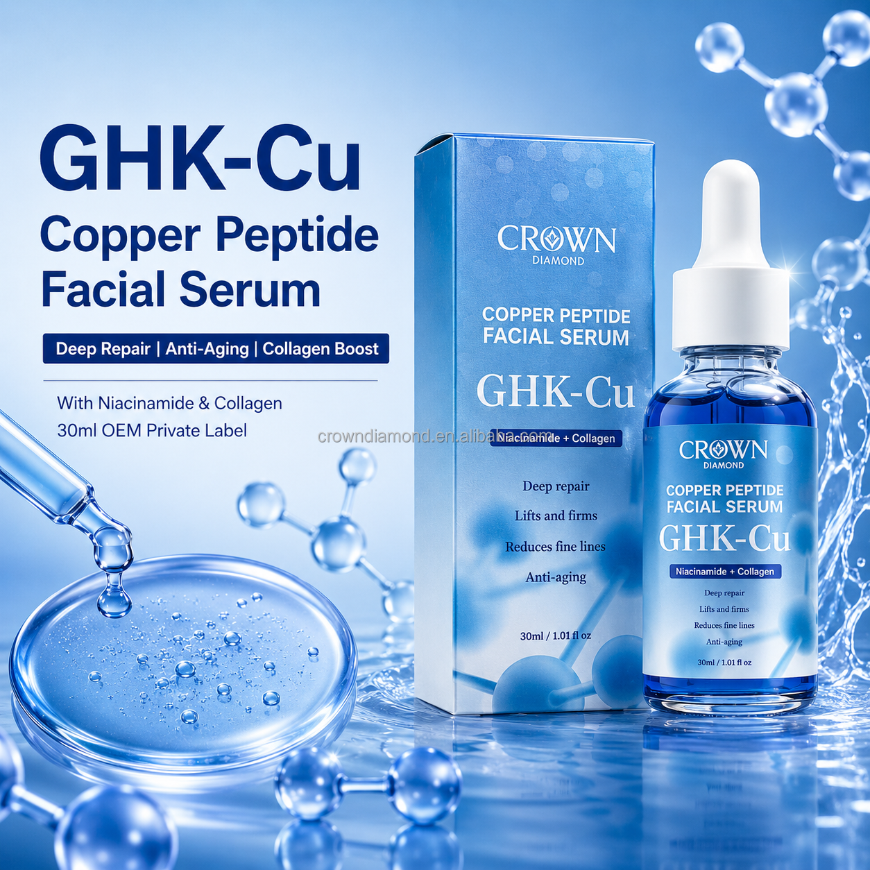 Private Label Anti-Aging Ghk-Cu Collagen Face Serum Blue Copper Peptides Skincare Lifting Serum Booster