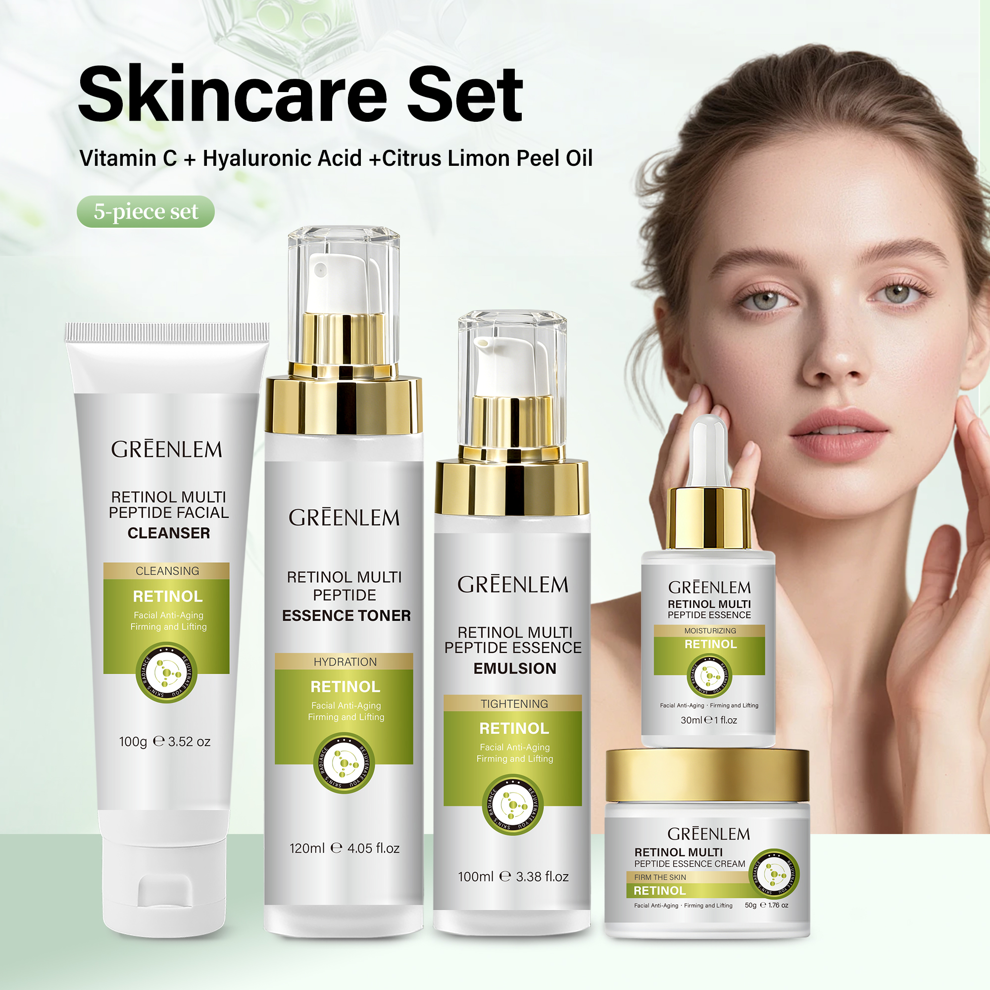 GREENLEM Gold Retinol Glycolic Acid Vitamin C Skin Firming Peptide Smoothing Revitalizing Moisturizer Face Serum Set For Women