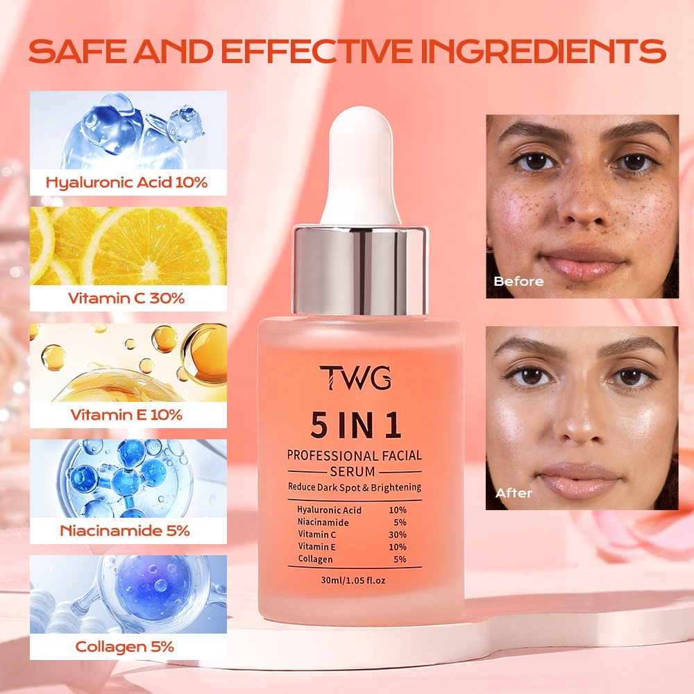 TWG RTS Hot Selling 5 In 1 Facial Serum Face Moisturizer Anti Dark Spots Nourishing Skin Collagen Vitamin C Whitening Face Serum