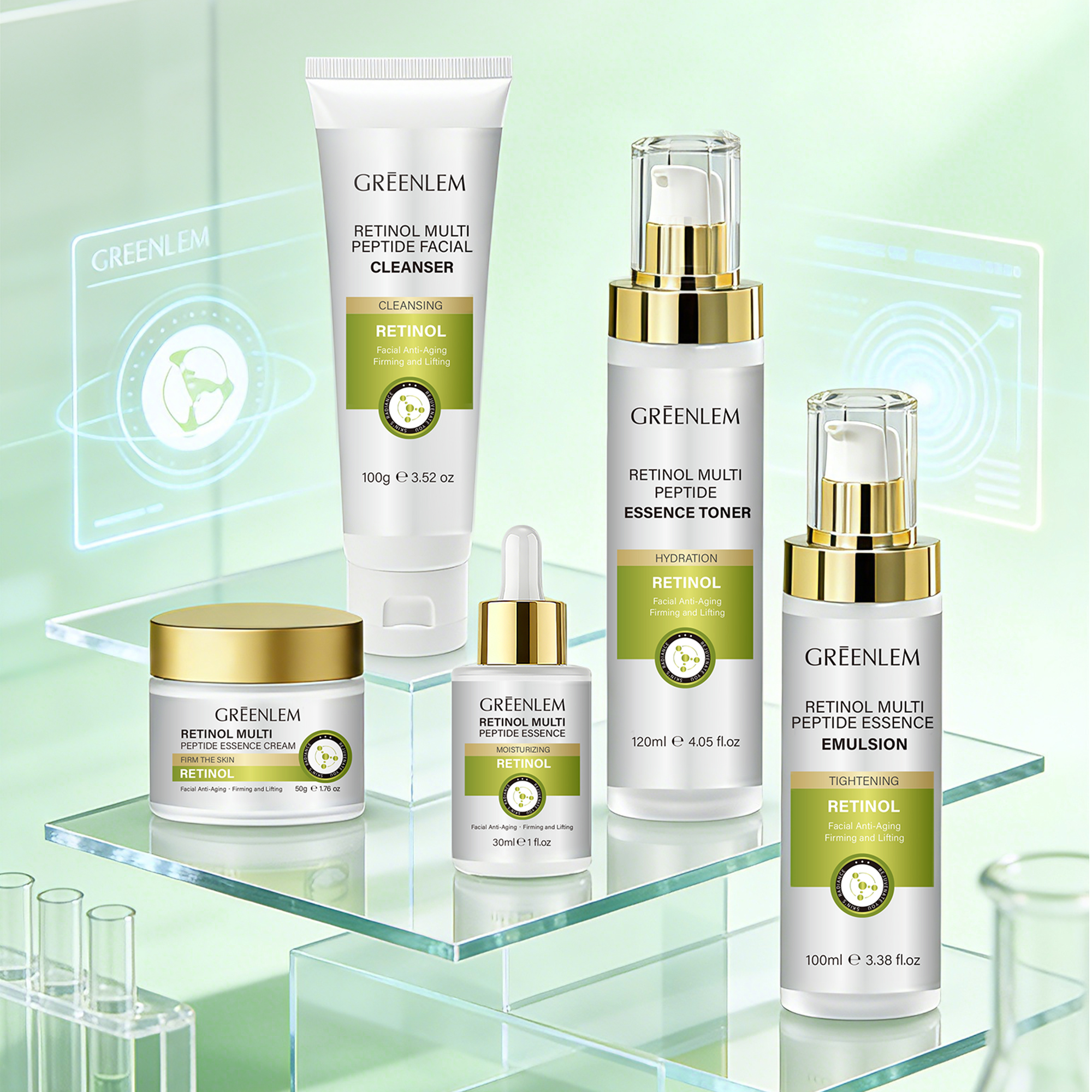 GREENLEM Gold Retinol Glycolic Acid Vitamin C Skin Firming Peptide Smoothing Revitalizing Moisturizer Face Serum Set For Women