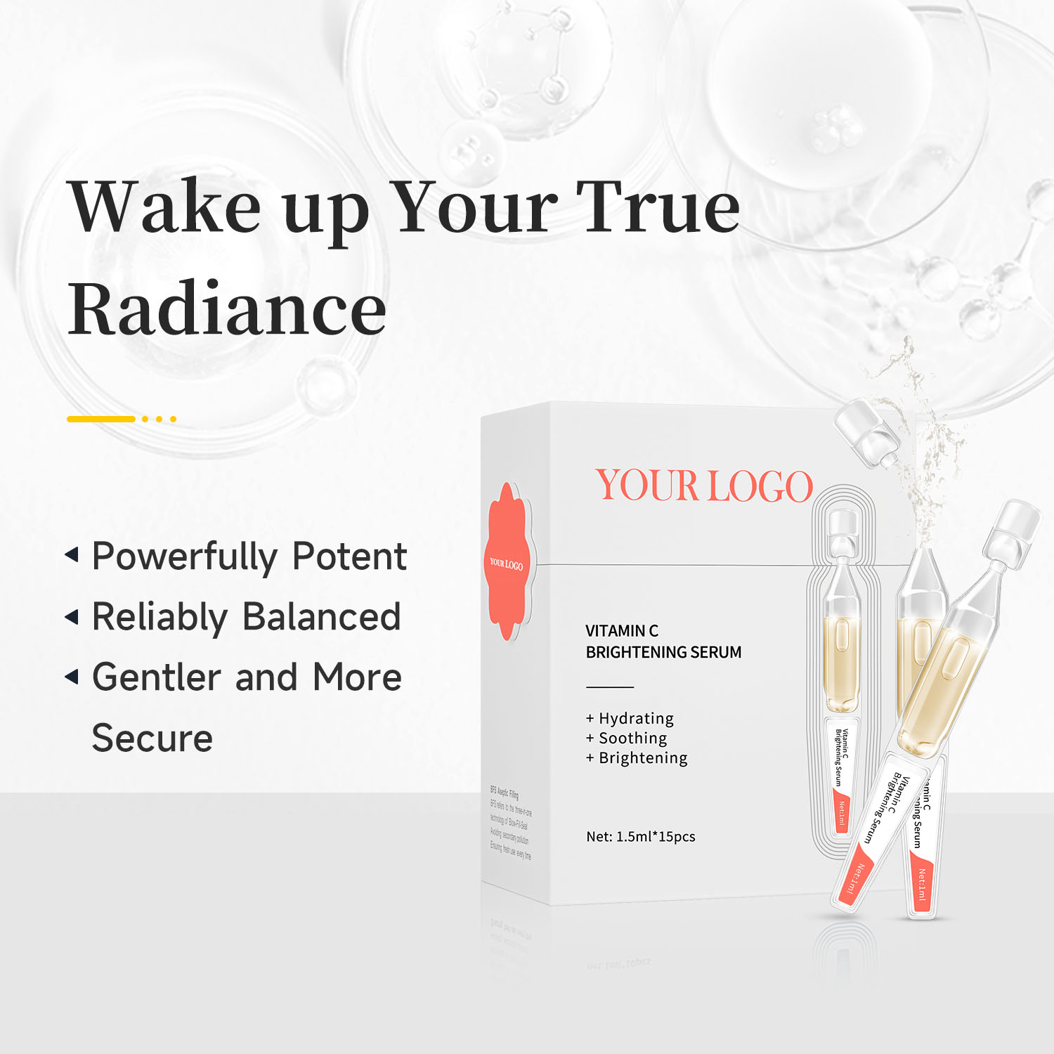ISO22716 Custom Vitamin C Serum OEM ODM Brightening Anti Dark Spots with Vitamin E Hyaluronic Acid Aloe Vera Private Label
