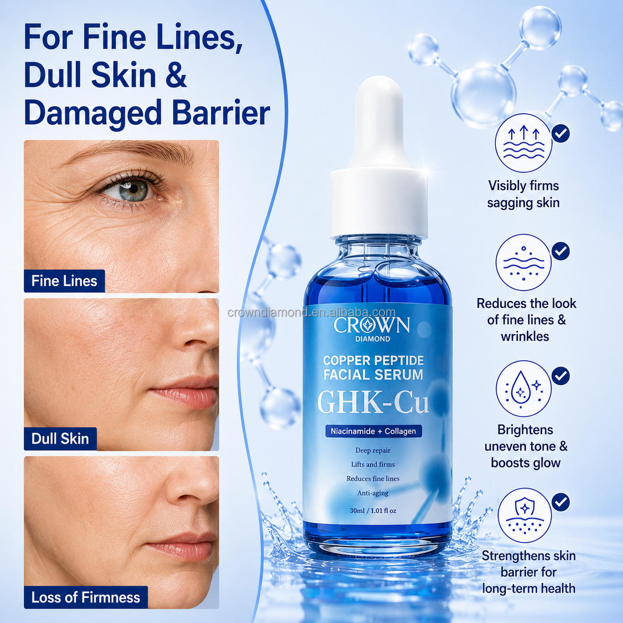 Private Label Anti-Aging Ghk-Cu Collagen Face Serum Blue Copper Peptides Skincare Lifting Serum Booster