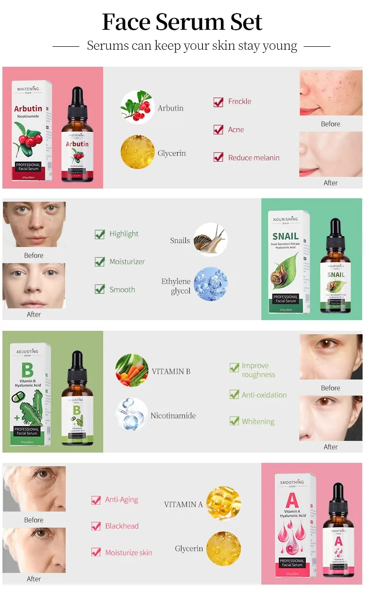 OEM Hyaluronic Acid Collagen Moisturizing Hydrating Smoothing Retinol Snail Arbutin Vitaming C Serum