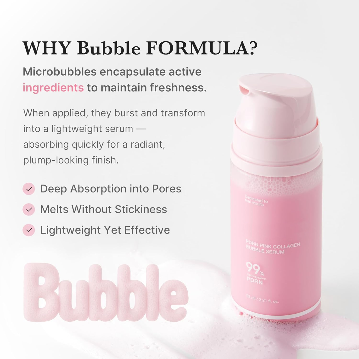 Pink Bubble Liquid Serum Hyaluronic Acid Vitamin C B5 99% Purity Lightweight Fast-Absorbing Firming Anti-Aging Anti-Wrinkle