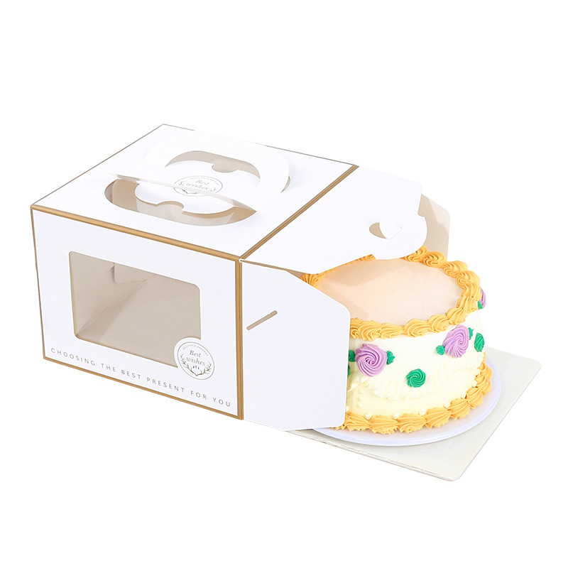 Custom Luxury Elegent Gift Birthday Cake Box Biodegradable Folding White Cardboard Cake Box With Handle And Transparent Window