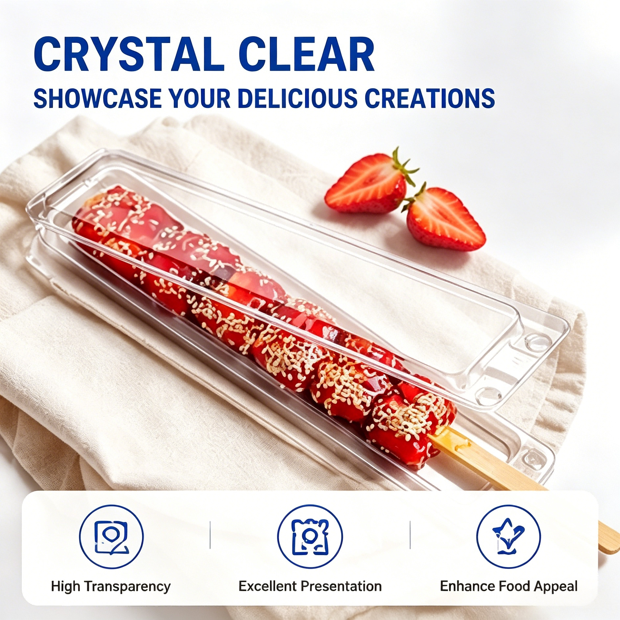 Customizable PET Safe Disposable Recyclable Transparent Candy Tanghulu Fruit Skewers Plastic Boxes Food Packaging with Lids