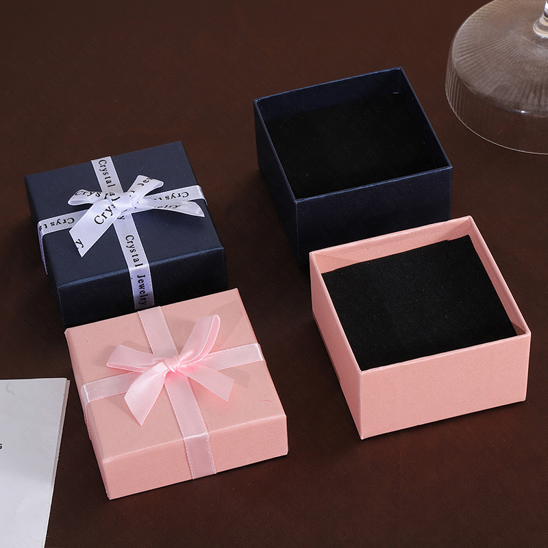 English Letter Bow Jewelry Box Square Top Bottom Lid Jewelry Packaging Box Small Gift Box for Ring Necklace