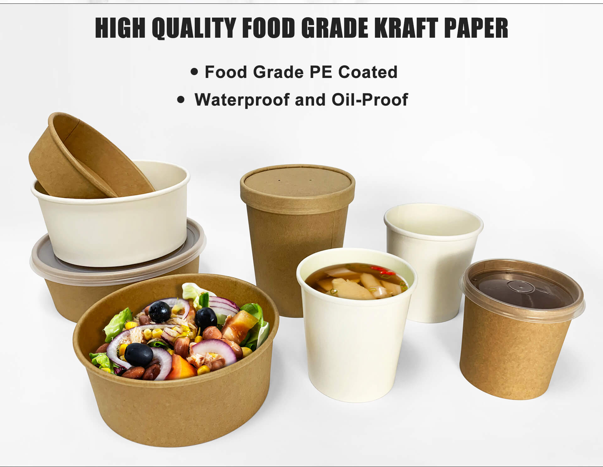Disposable Packaging Waterproof 2 Two Compartments Fast Food Tray Kraft Rectangular Paper Salad Food Box with PET Lid