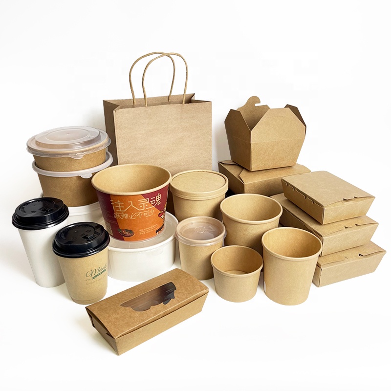 Disposable Packaging Waterproof 2 Two Compartments Fast Food Tray Kraft Rectangular Paper Salad Food Box with PET Lid