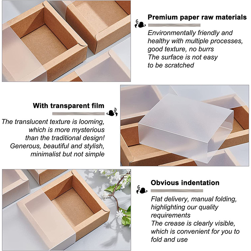 Kraft Paper Gift Boxes with PVC Frosted Cover Kraft Paper Drawer Box for Cake Cookie Candy Soap Snacks Wedding Party Favors
