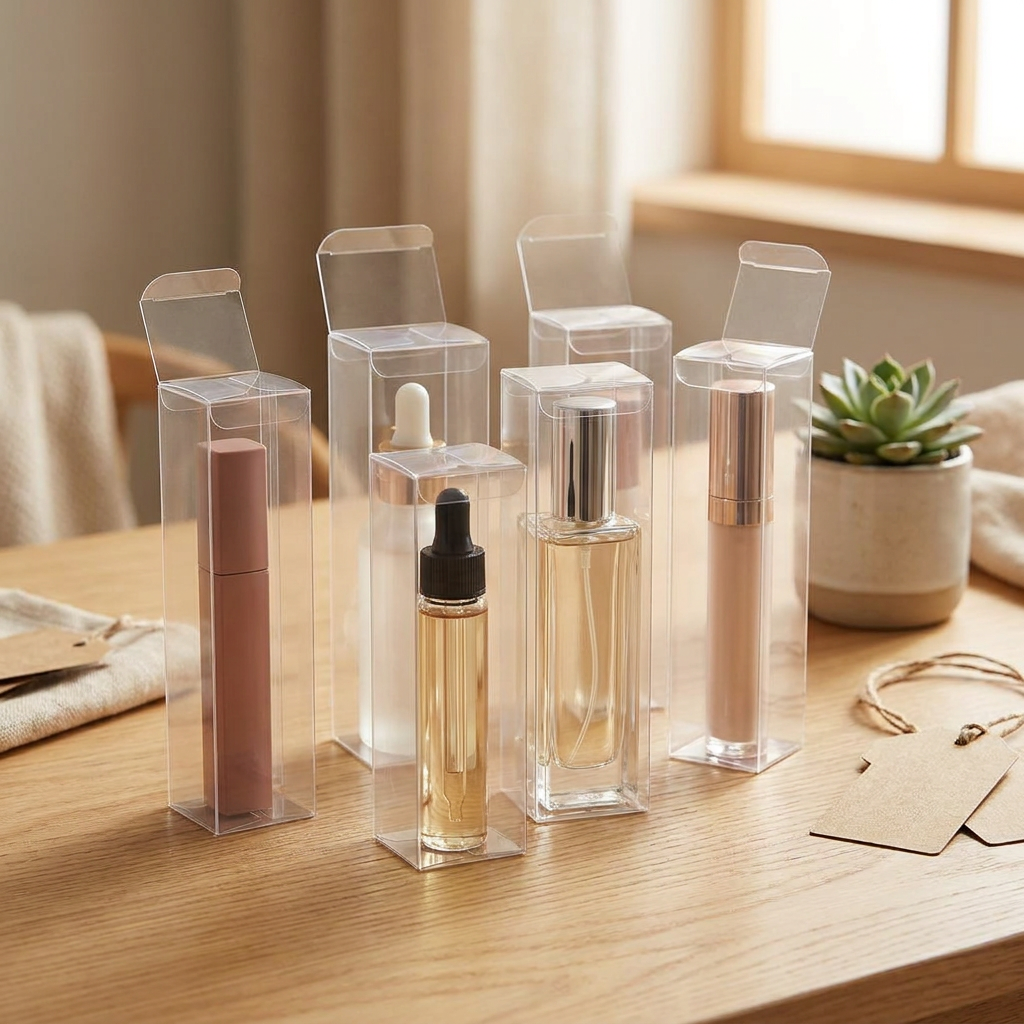 Clear Tall Rectangular PET Plastic Box Transparent Folding Case Cosmetic Lipstick Essential Oil Retail Display Packaging