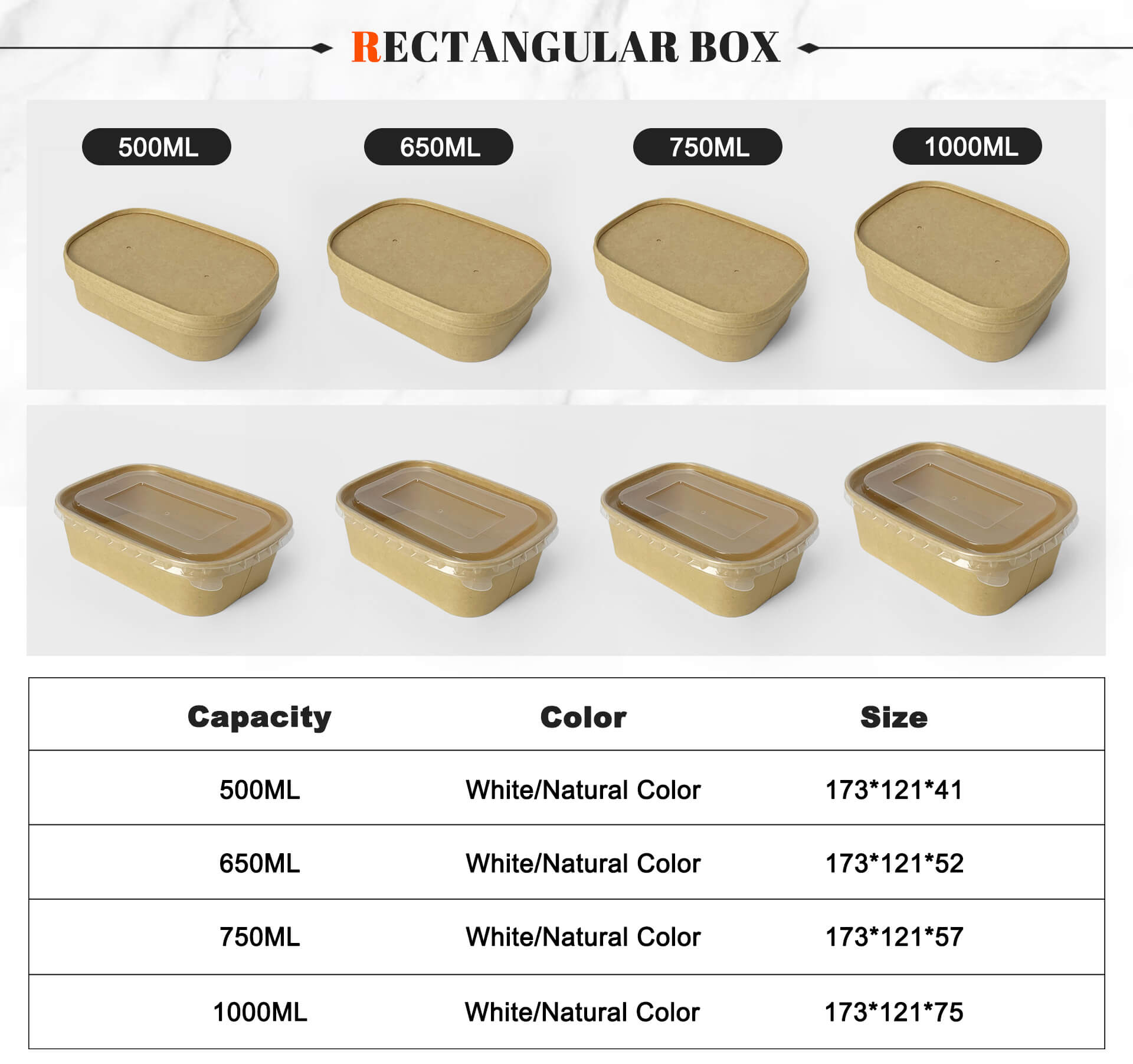 Disposable Packaging Waterproof 2 Two Compartments Fast Food Tray Kraft Rectangular Paper Salad Food Box with PET Lid