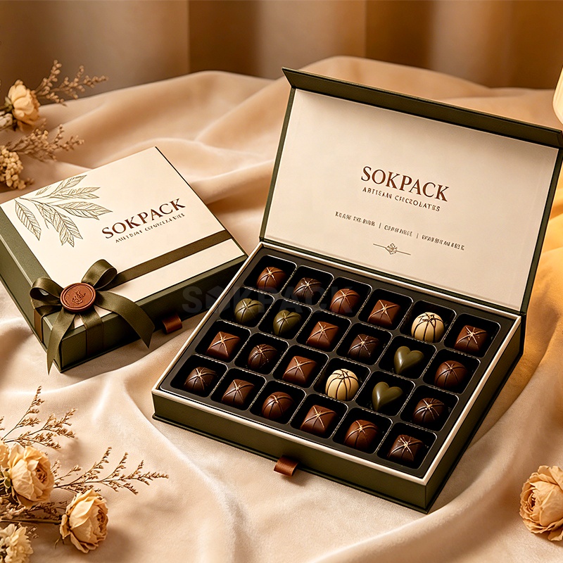 Custom Book Style Flip Top Chocolate &amp; Sweet Gift Box 24 Cavities Rigid Paperboard Box with Plastic Insert Candy Box