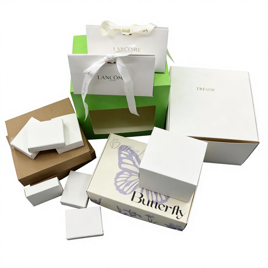 Custom Logo Luxury Cosmetic Packaging Set Lid and Base Rigid Gift Box with Ribbon Handle Paper Shopping Bag Wholesale OEM
