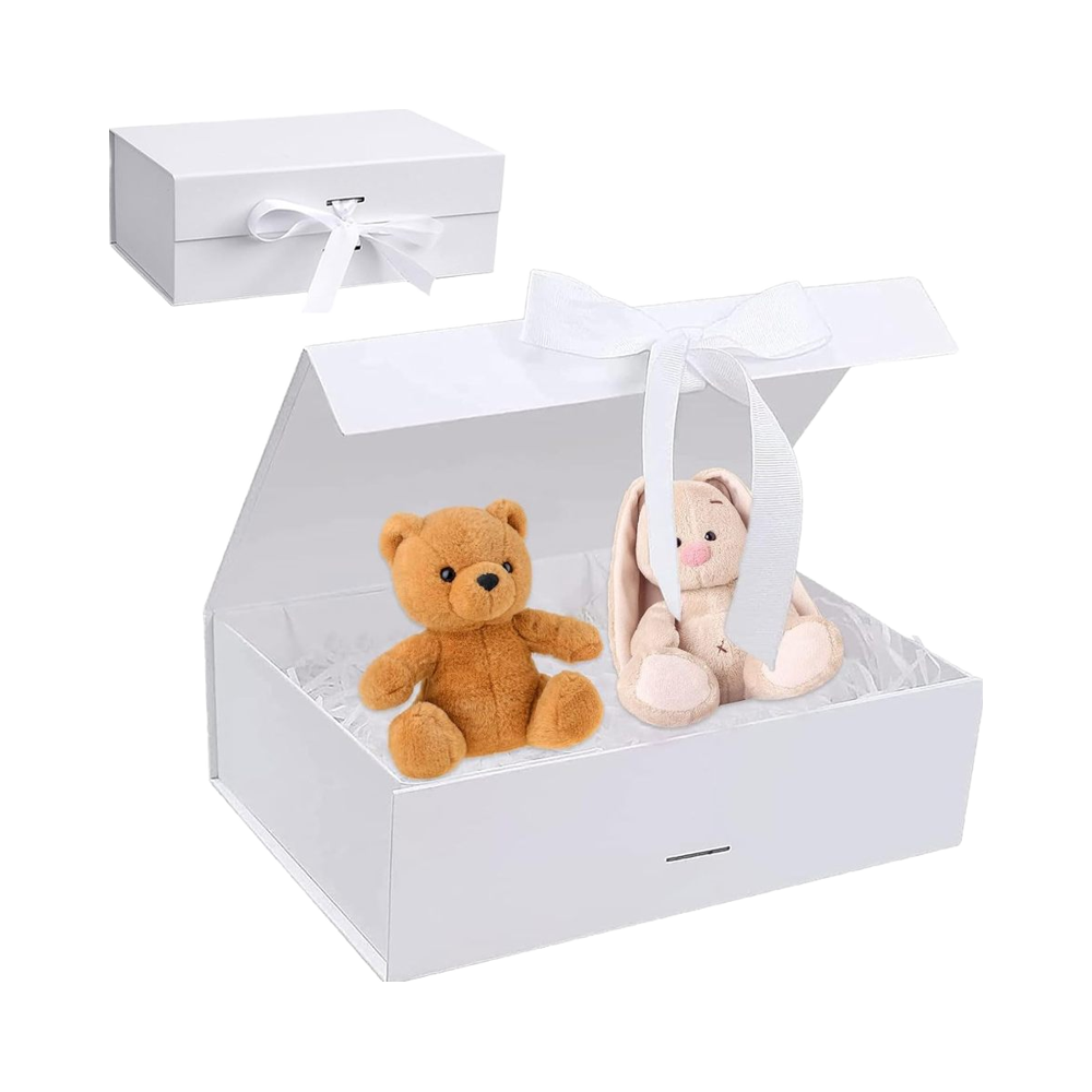 Luxury Premium White Paper Box Foldable 27x17x7cm Unique Gift Packaging with Magnetic Closure Raffia&amp; Card Ribbon Presentation