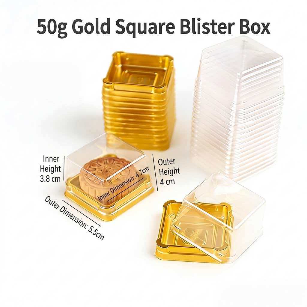 Food Grade Square Mooncake Blister Box Transparent Top Bottom Lid Golden Inner Tray Custom Dessert Pastry Plastic Packaging Box