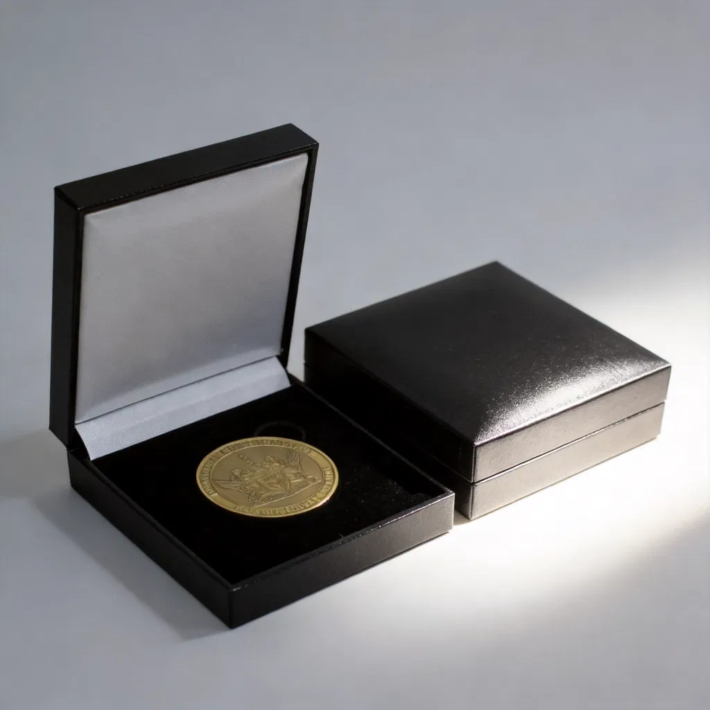 Promotional Gifts Stamping Logo Commemorative Medal Challenge Coin PU Leather Velvet Plastic Box