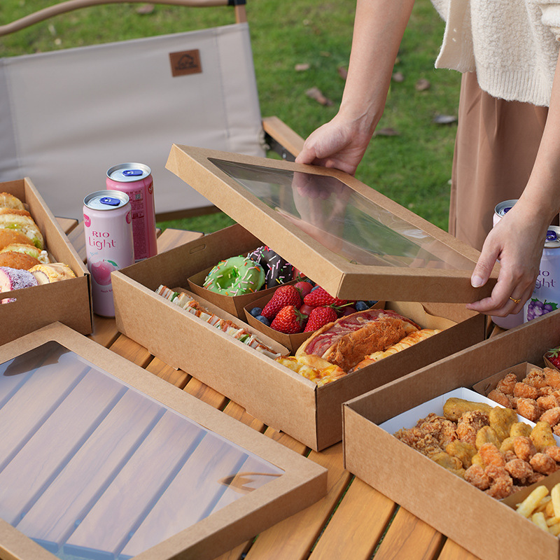 Wholesale Catering Packaging Box with Transparent Window Large Food Kraft Paper Box for Cake and Bento