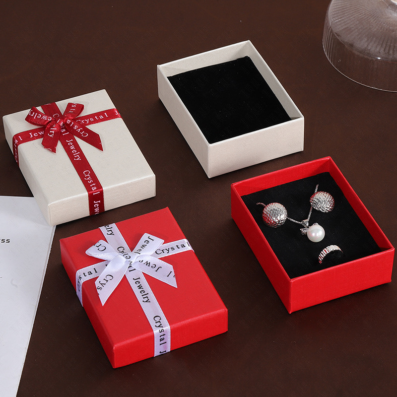 English Letter Bow Jewelry Box Square Top Bottom Lid Jewelry Packaging Box Small Gift Box for Ring Necklace