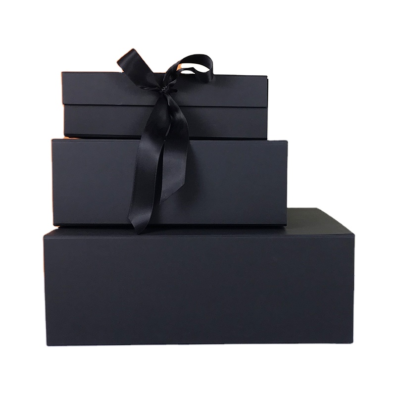 Lipack Custom Logo Black Magnetic Flip Top Rigid Gift Box for Gift Sets With Ribbon