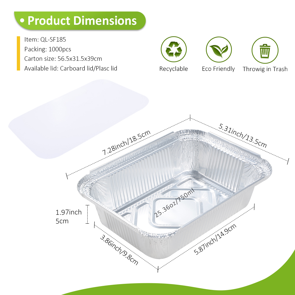 Takeout 18.5*13.5*5cm 750ml Disposable Tinfoil Pan Rectangular Food Tray Aluminum Foil Food Packaging Container With Lids
