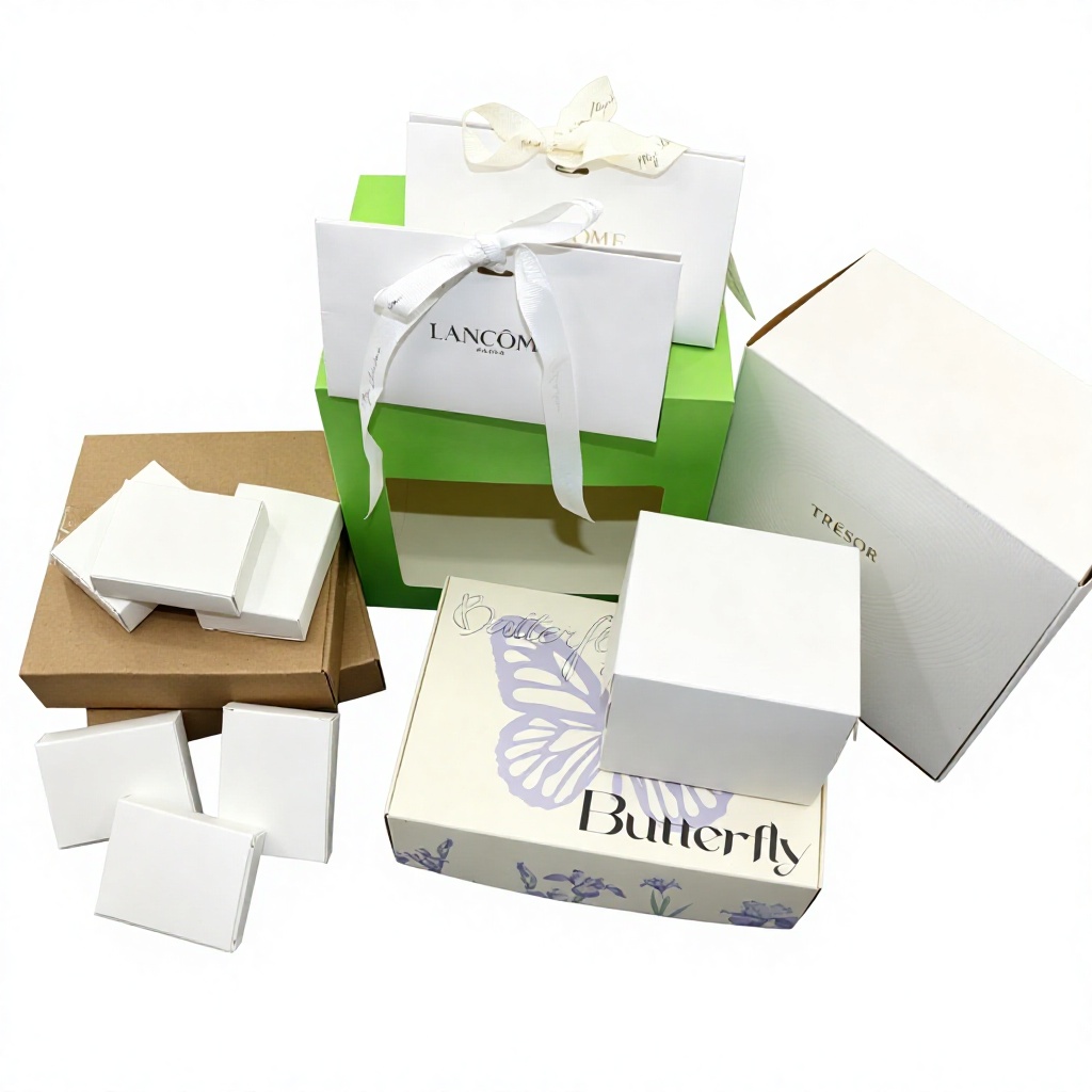 Custom Logo Luxury Cosmetic Packaging Set Lid and Base Rigid Gift Box with Ribbon Handle Paper Shopping Bag Wholesale OEM
