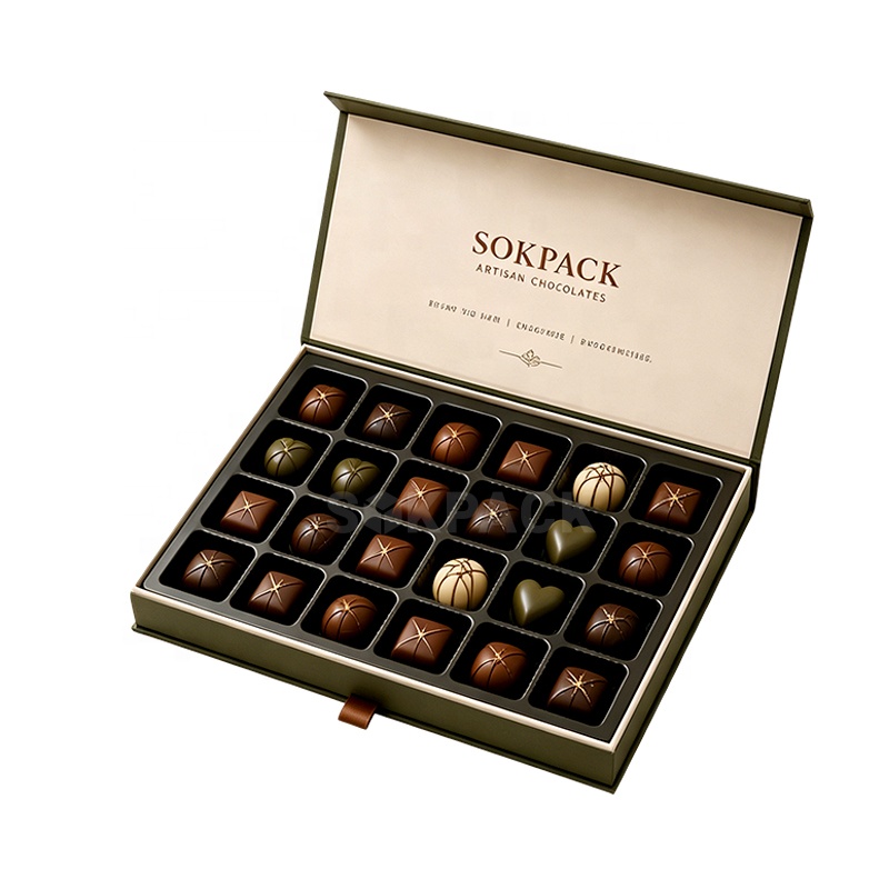 Custom Book Style Flip Top Chocolate &amp; Sweet Gift Box 24 Cavities Rigid Paperboard Box with Plastic Insert Candy Box