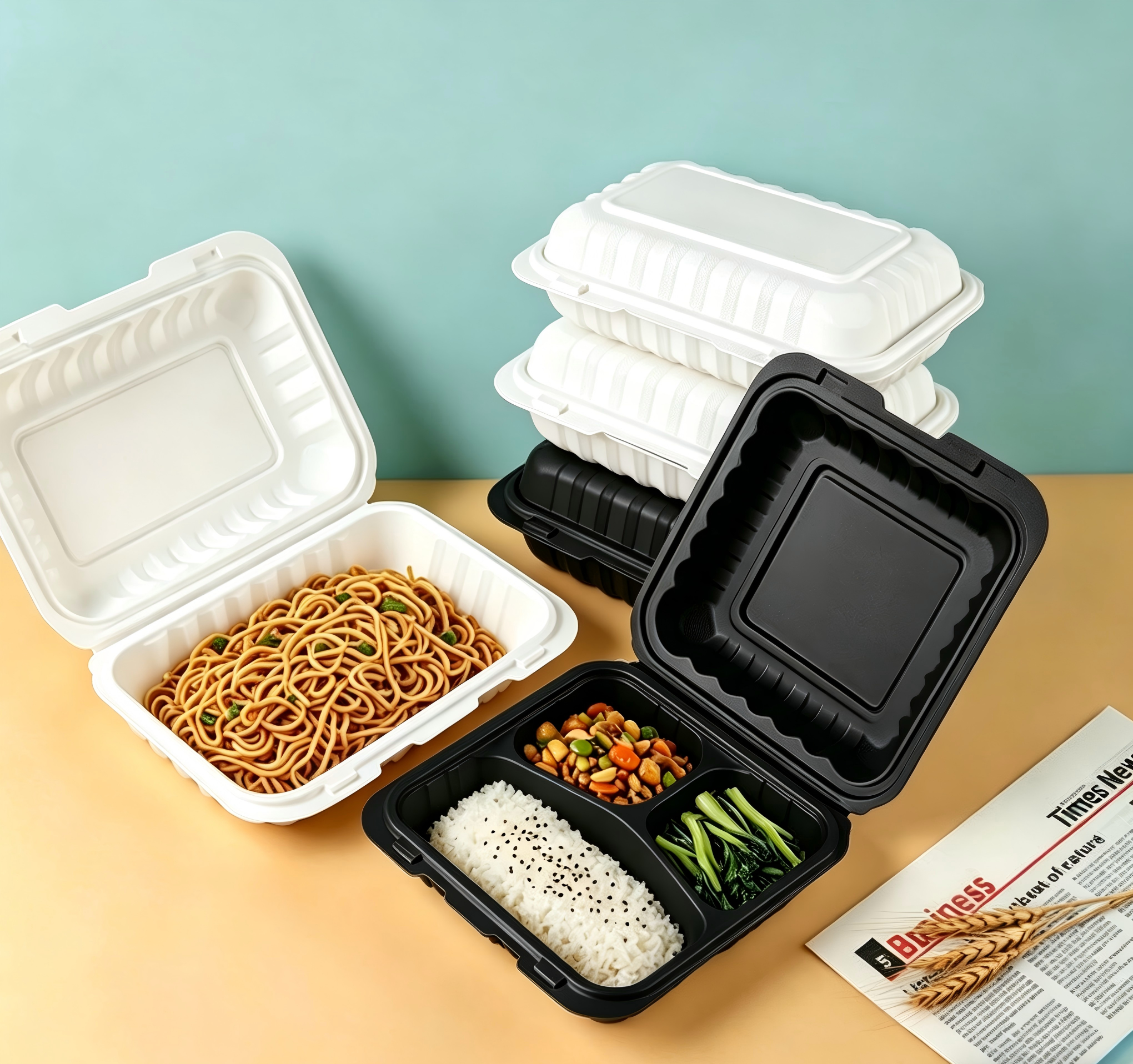 Black White Biodegradable Clamshell Takeout Containers MFPP Disposable Food Packaging Boxes for Hamburger Burger Lunch