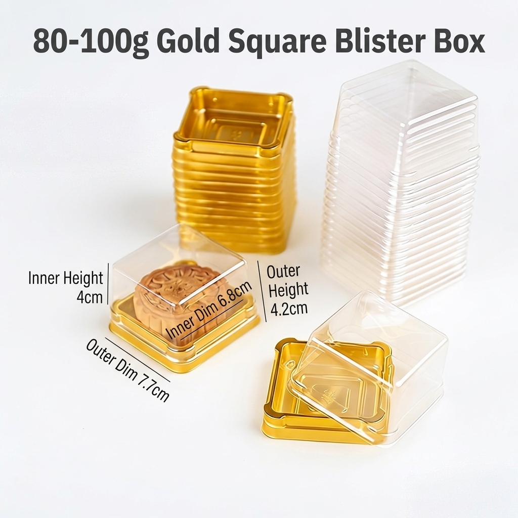 Food Grade Square Mooncake Blister Box Transparent Top Bottom Lid Golden Inner Tray Custom Dessert Pastry Plastic Packaging Box