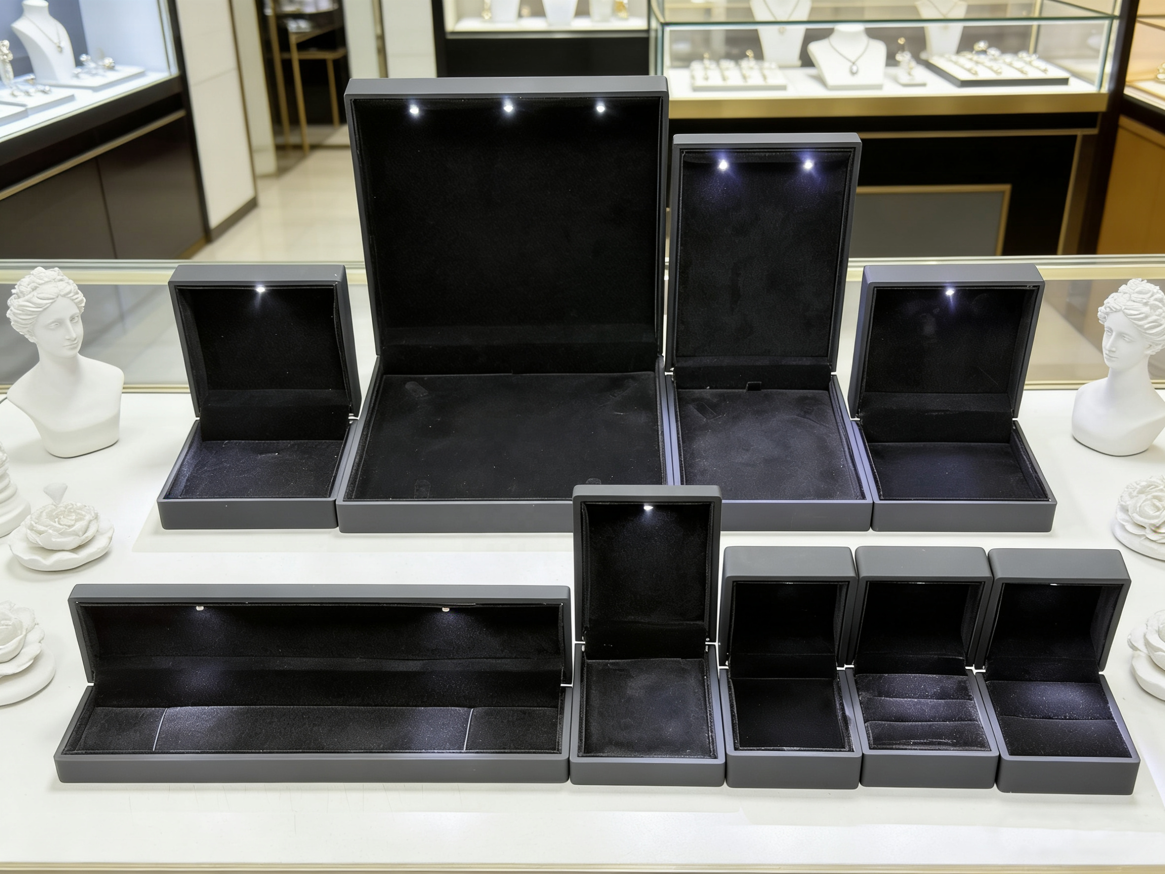 Stock Led Jewelry Box Black LED Ring Earring Pendant Bangle Chain Bracelet Gift Jewelry Boxes Luxury Led Jewelry Box
